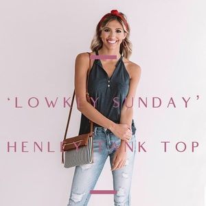 ‘Lowkey Sunday’ Henley Tank Top In Navy Blue
